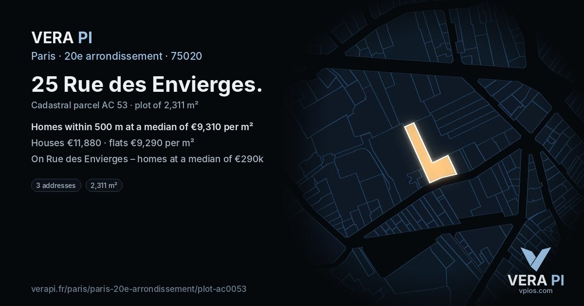 25 Rue des Envierges, 20e arrondissement at night – the plot lit, the parcels around coloured by the prices near them