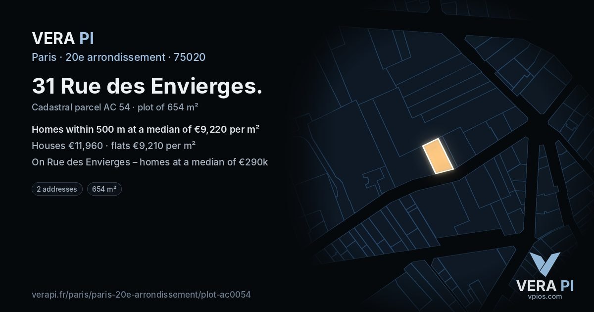 31 Rue des Envierges, 20e arrondissement at night – the plot lit, the parcels around coloured by the prices near them