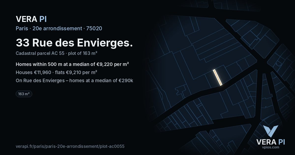 33 Rue des Envierges, 20e arrondissement at night – the plot lit, the parcels around coloured by the prices near them