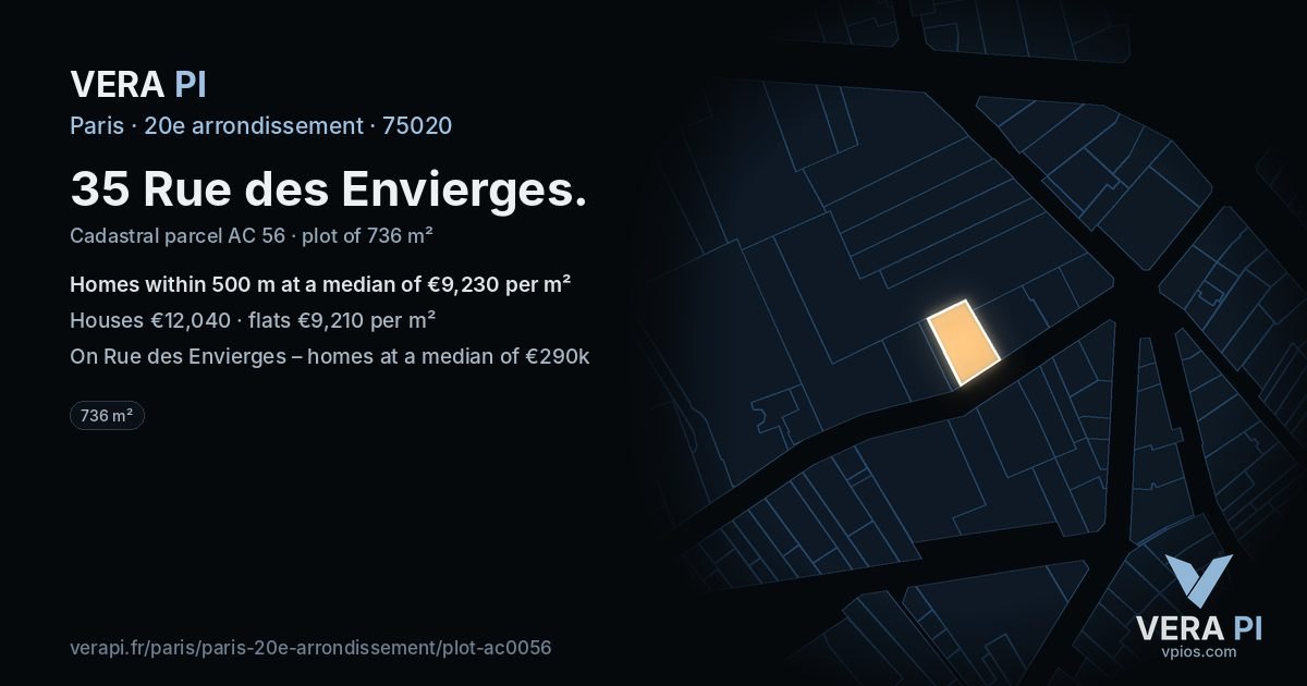 35 Rue des Envierges, 20e arrondissement at night – the plot lit, the parcels around coloured by the prices near them