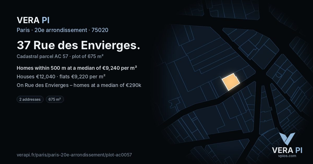 37 Rue des Envierges, 20e arrondissement at night – the plot lit, the parcels around coloured by the prices near them
