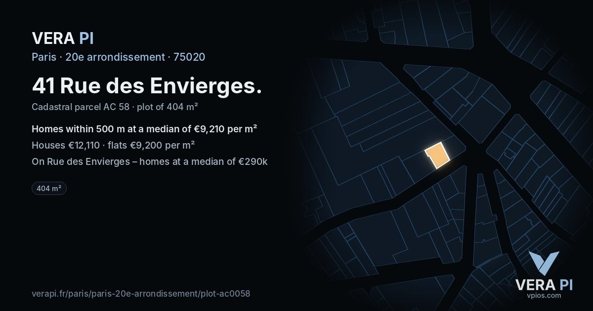41 Rue des Envierges, 20e arrondissement at night – the plot lit, the parcels around coloured by the prices near them