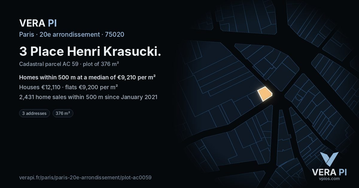 3 Place Henri Krasucki, 20e arrondissement at night – the plot lit, the parcels around coloured by the prices near them