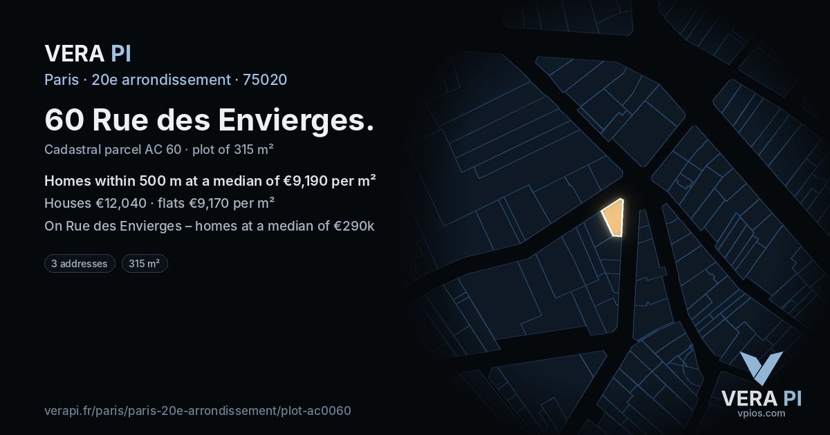 60 Rue des Envierges, 20e arrondissement at night – the plot lit, the parcels around coloured by the prices near them