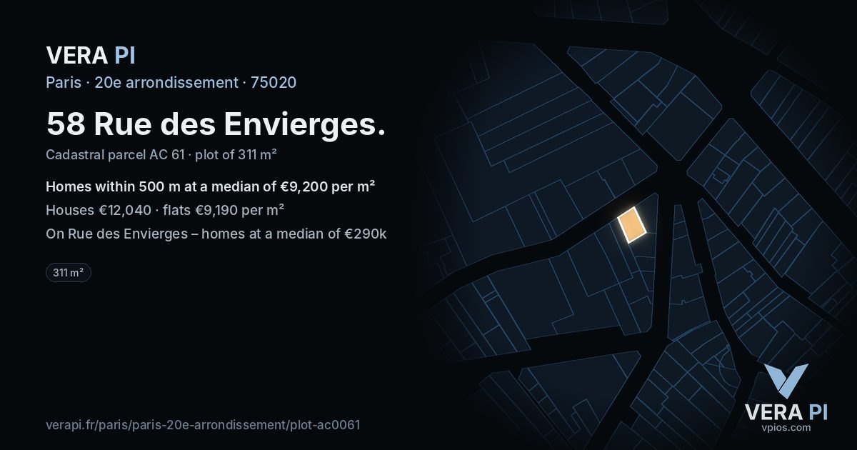 58 Rue des Envierges, 20e arrondissement at night – the plot lit, the parcels around coloured by the prices near them