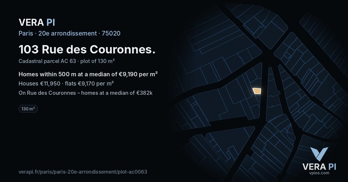 103 Rue des Couronnes, 20e arrondissement at night – the plot lit, the parcels around coloured by the prices near them