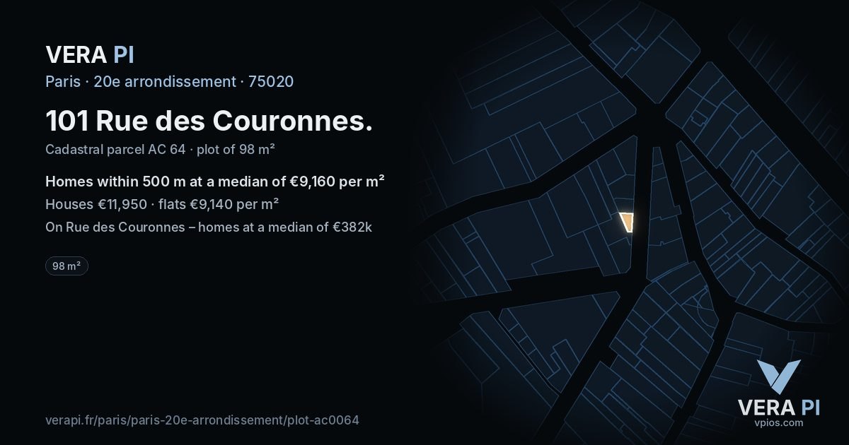 101 Rue des Couronnes, 20e arrondissement at night – the plot lit, the parcels around coloured by the prices near them