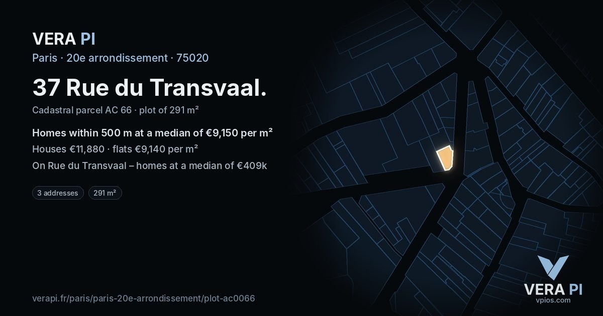 37 Rue du Transvaal, 20e arrondissement at night – the plot lit, the parcels around coloured by the prices near them