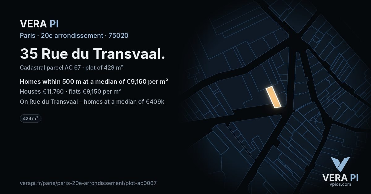 35 Rue du Transvaal, 20e arrondissement at night – the plot lit, the parcels around coloured by the prices near them