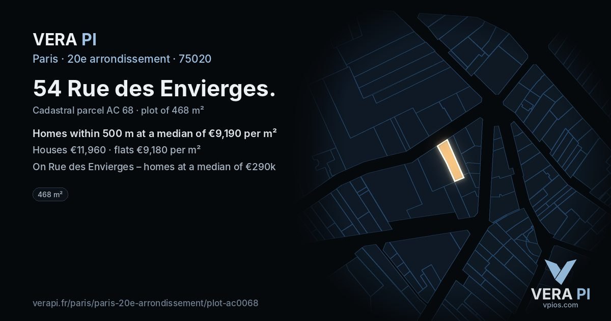 54 Rue des Envierges, 20e arrondissement at night – the plot lit, the parcels around coloured by the prices near them