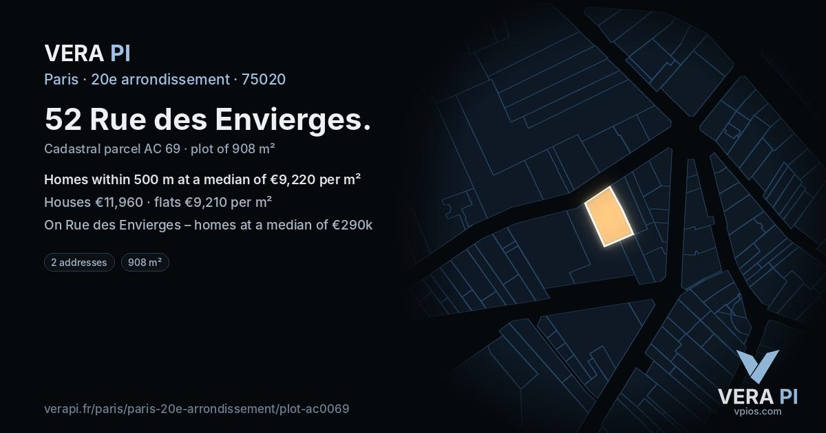 52 Rue des Envierges, 20e arrondissement at night – the plot lit, the parcels around coloured by the prices near them