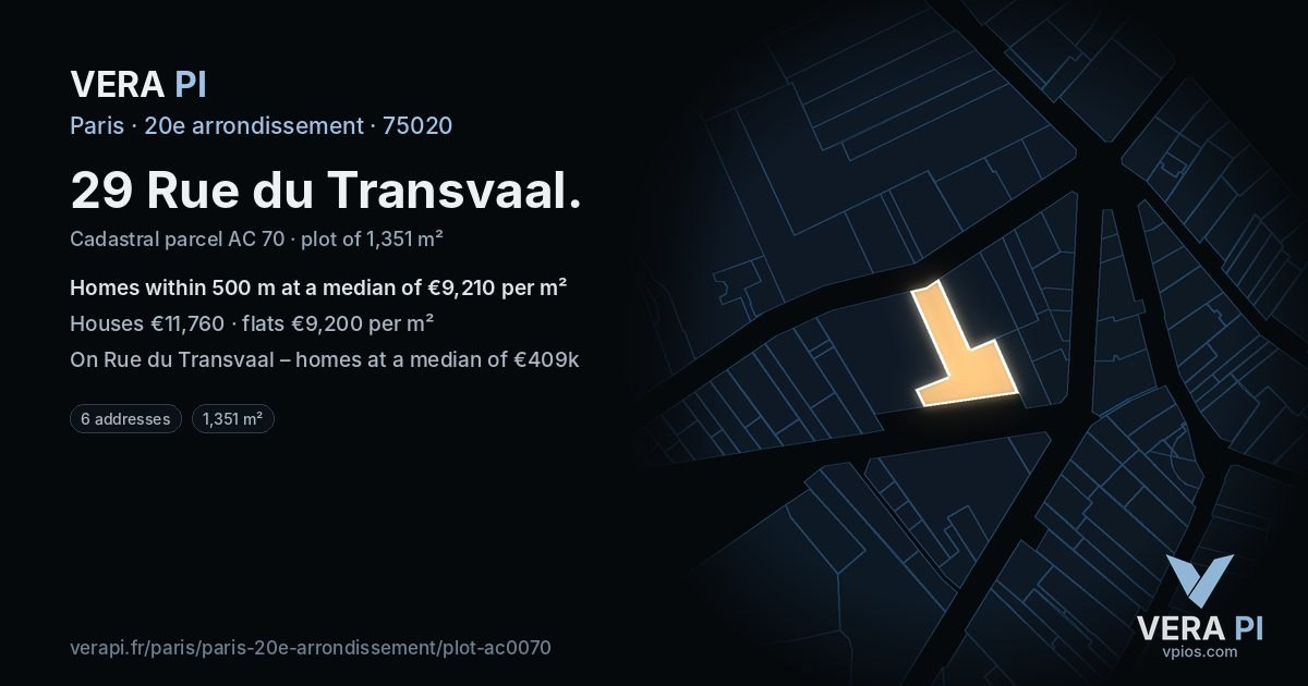 29 Rue du Transvaal, 20e arrondissement at night – the plot lit, the parcels around coloured by the prices near them