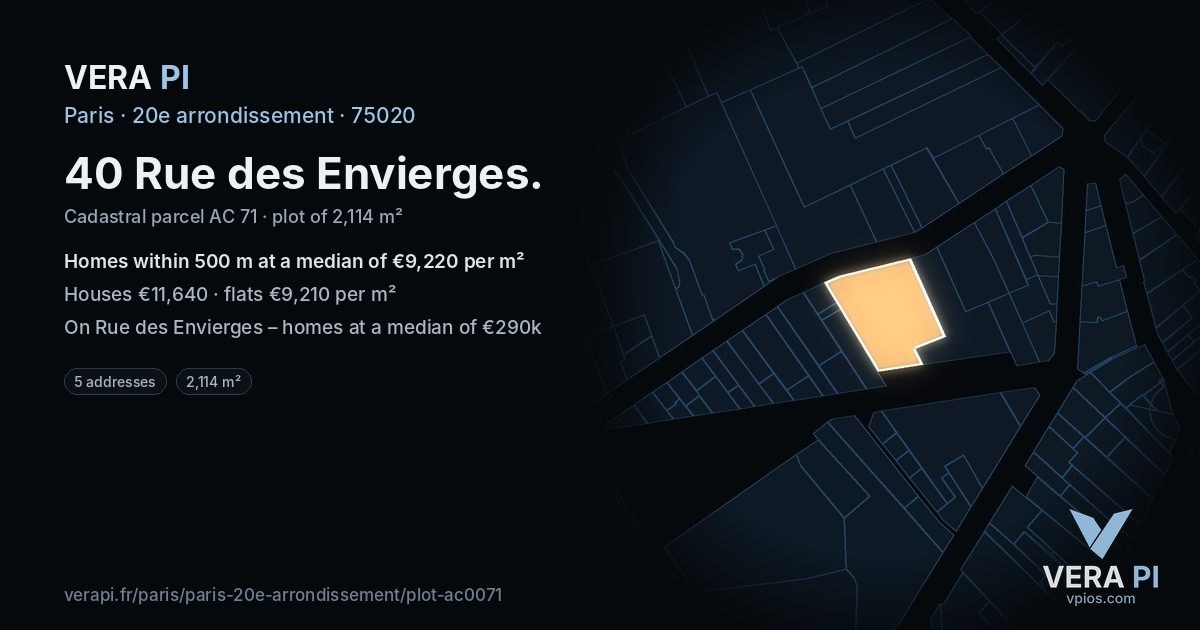 40 Rue des Envierges, 20e arrondissement at night – the plot lit, the parcels around coloured by the prices near them