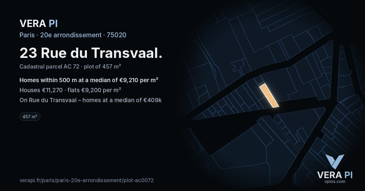23 Rue du Transvaal, 20e arrondissement at night – the plot lit, the parcels around coloured by the prices near them