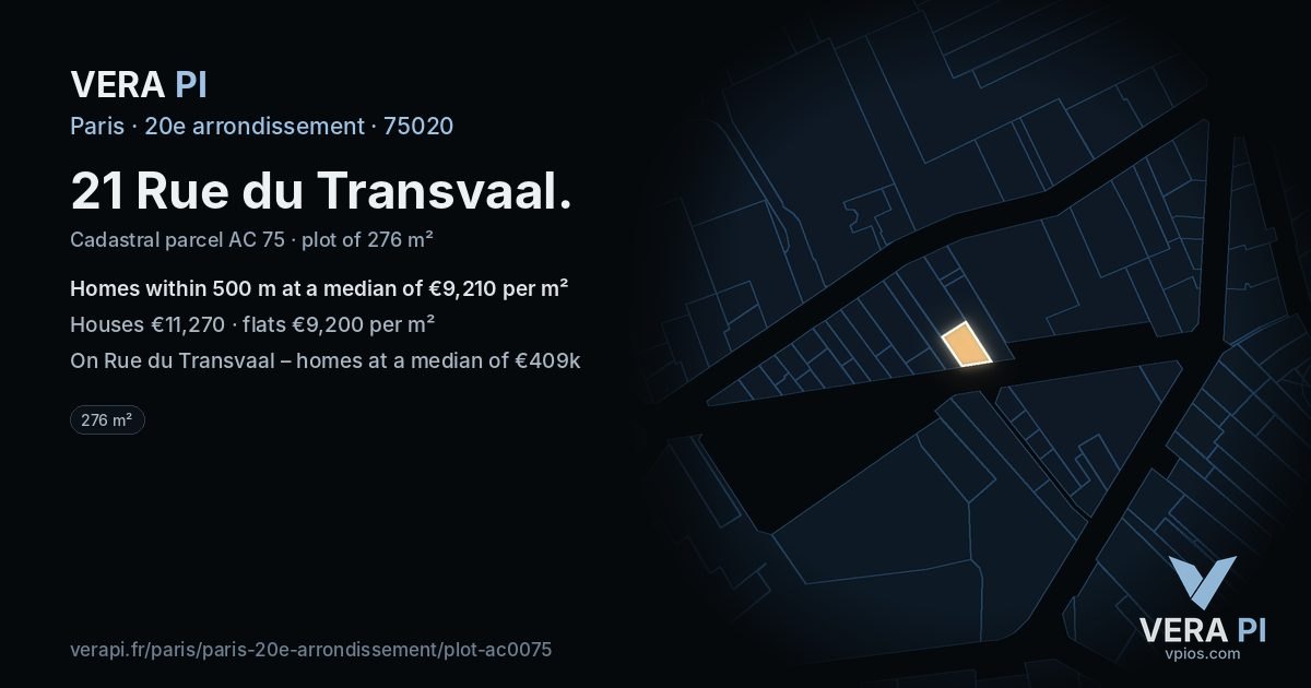 21 Rue du Transvaal, 20e arrondissement at night – the plot lit, the parcels around coloured by the prices near them