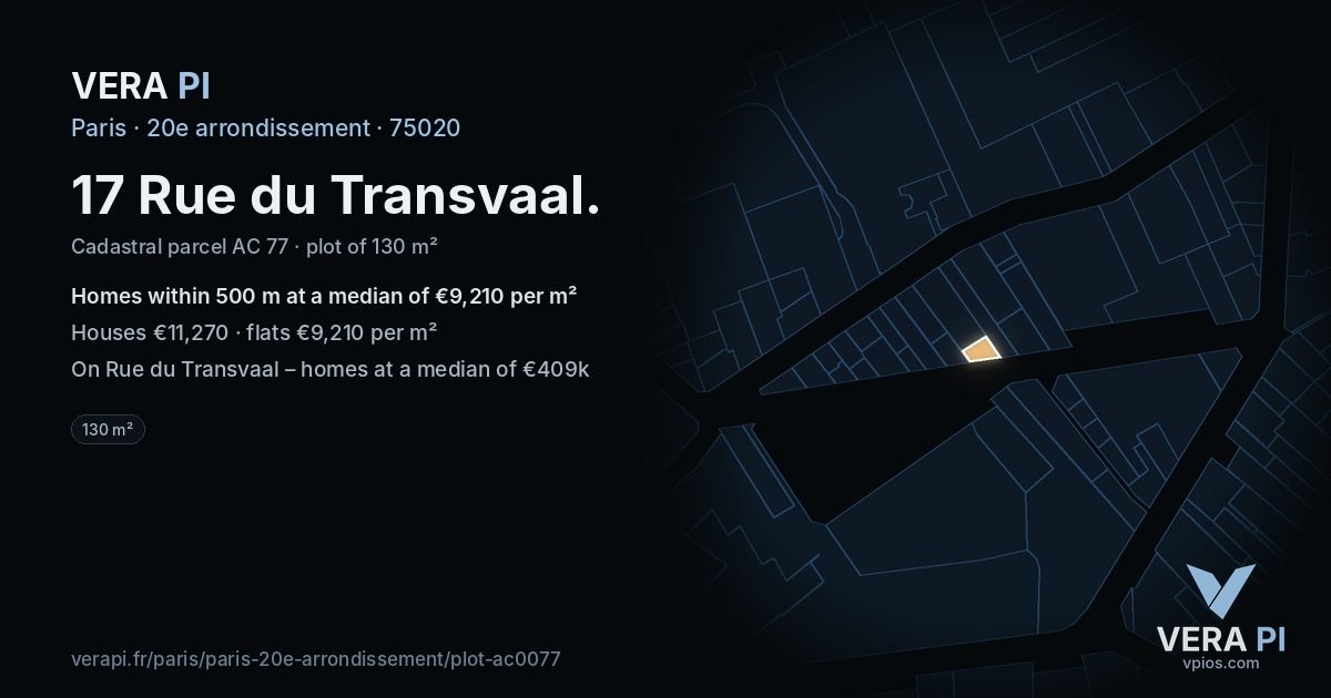 17 Rue du Transvaal, 20e arrondissement at night – the plot lit, the parcels around coloured by the prices near them