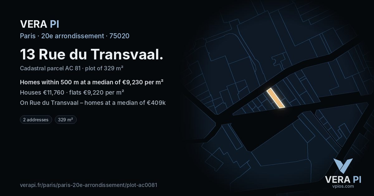 13 Rue du Transvaal, 20e arrondissement at night – the plot lit, the parcels around coloured by the prices near them