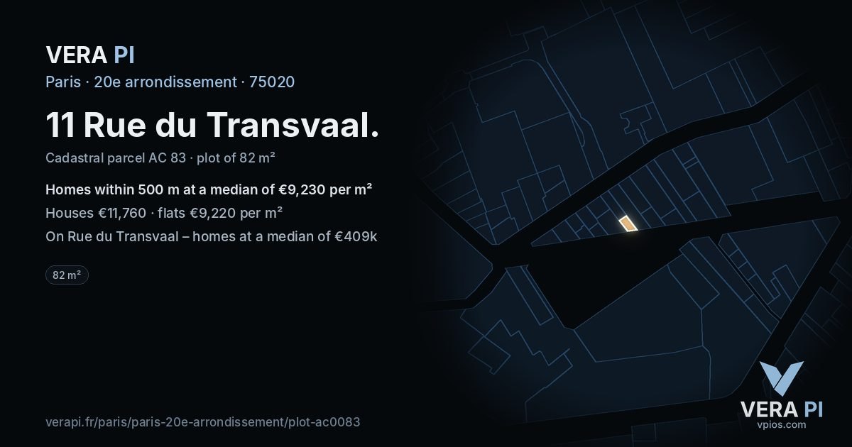 11 Rue du Transvaal, 20e arrondissement at night – the plot lit, the parcels around coloured by the prices near them