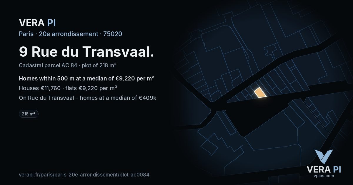 9 Rue du Transvaal, 20e arrondissement at night – the plot lit, the parcels around coloured by the prices near them