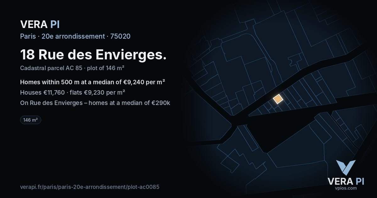 18 Rue des Envierges, 20e arrondissement at night – the plot lit, the parcels around coloured by the prices near them