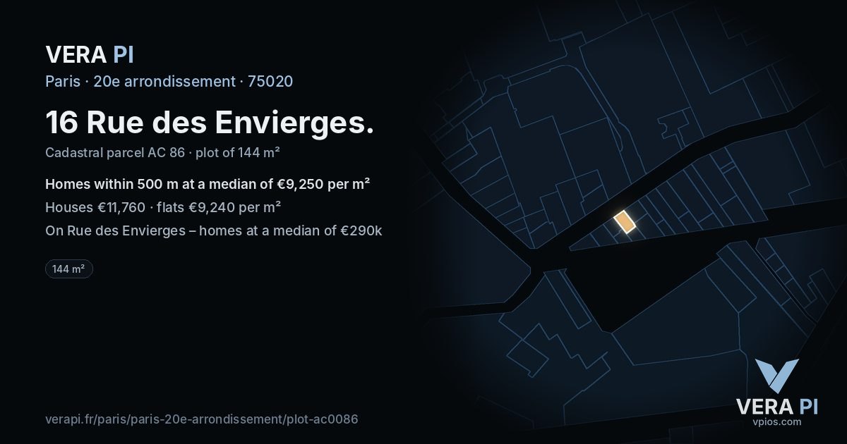 16 Rue des Envierges, 20e arrondissement at night – the plot lit, the parcels around coloured by the prices near them