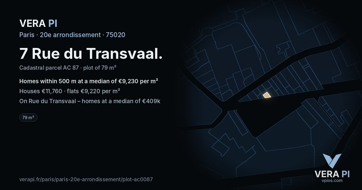 7 Rue du Transvaal, 20e arrondissement at night – the plot lit, the parcels around coloured by the prices near them