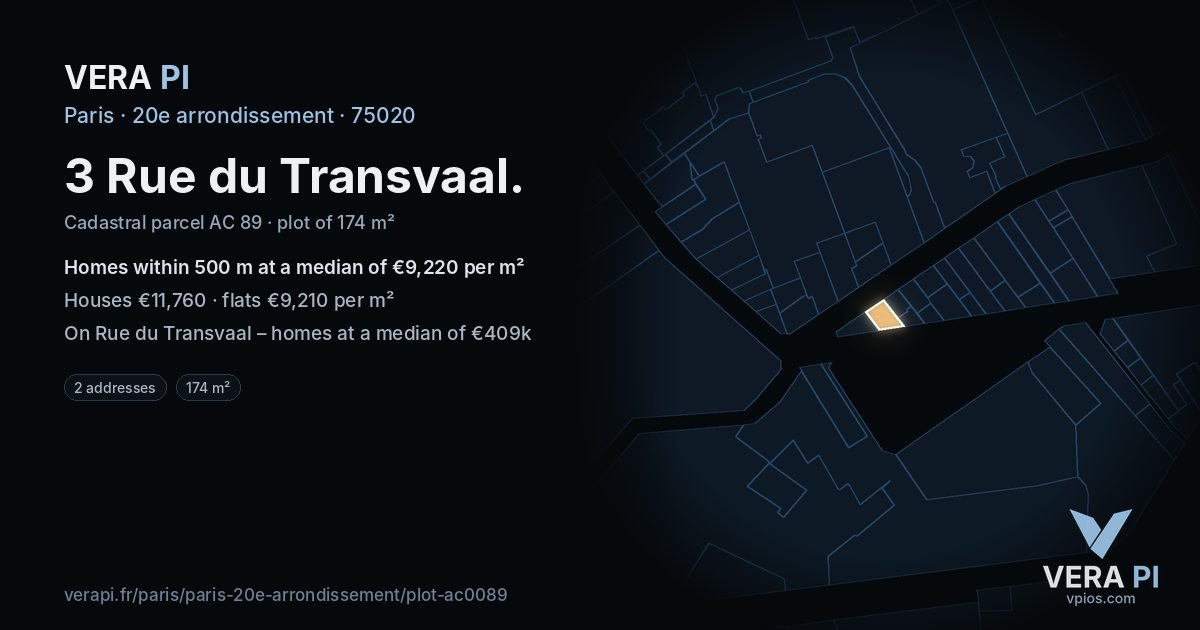 3 Rue du Transvaal, 20e arrondissement at night – the plot lit, the parcels around coloured by the prices near them