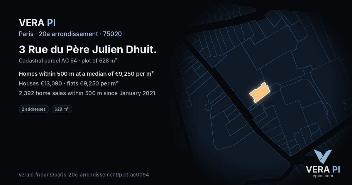 3 Rue du Père Julien Dhuit, 20e arrondissement at night – the plot lit, the parcels around coloured by the prices near them
