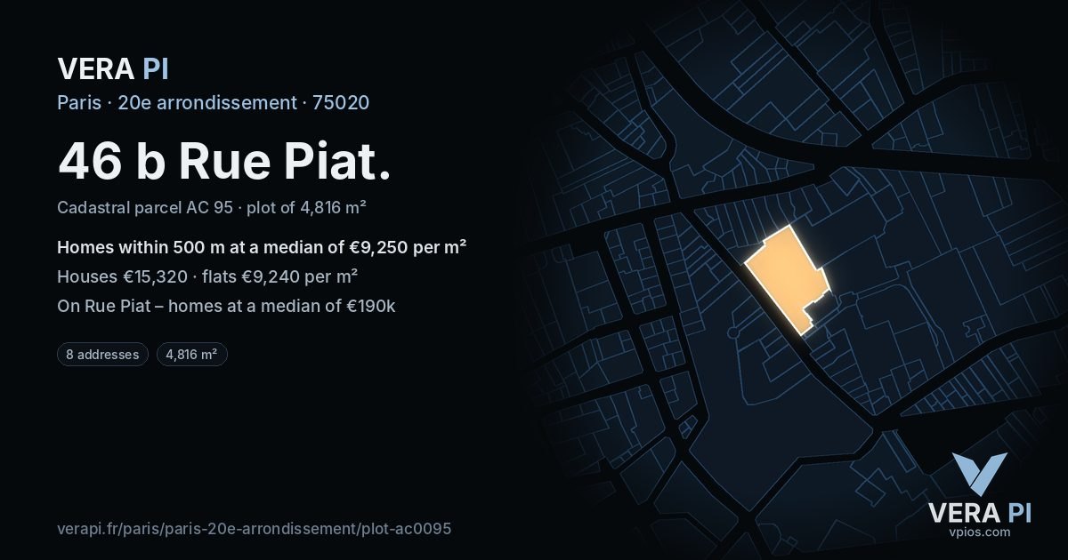 46 b Rue Piat, 20e arrondissement at night – the plot lit, the parcels around coloured by the prices near them