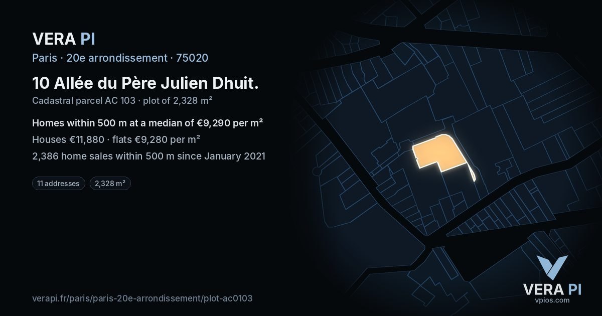 10 Allée du Père Julien Dhuit, 20e arrondissement at night – the plot lit, the parcels around coloured by the prices near them
