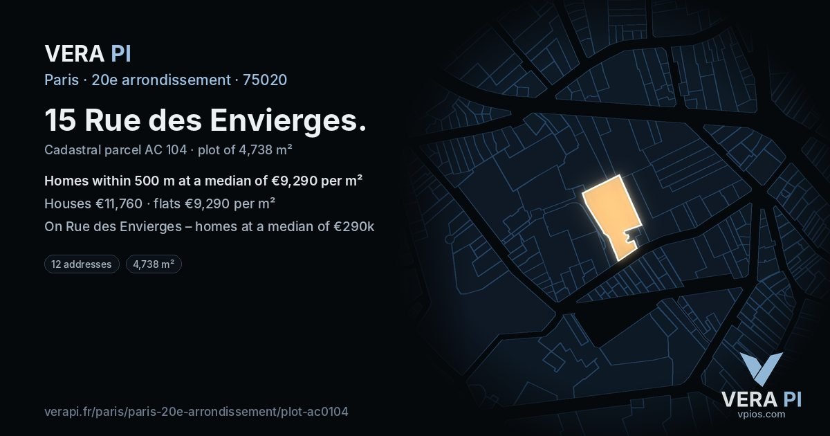 15 Rue des Envierges, 20e arrondissement at night – the plot lit, the parcels around coloured by the prices near them