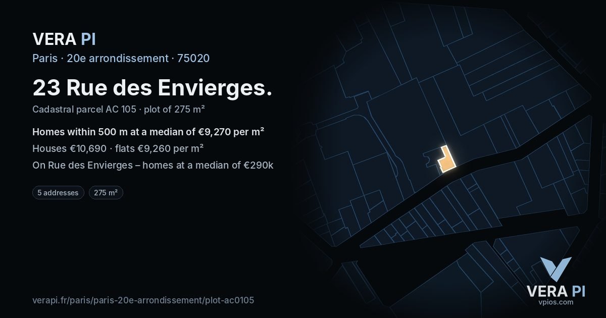 23 Rue des Envierges, 20e arrondissement at night – the plot lit, the parcels around coloured by the prices near them