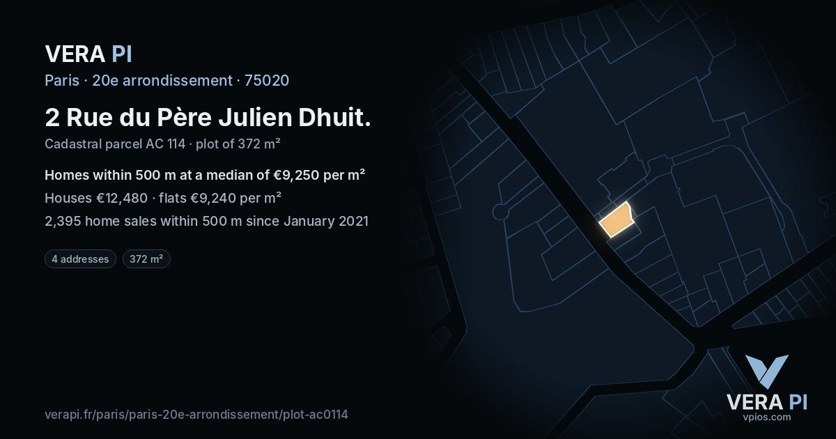 2 Rue du Père Julien Dhuit, 20e arrondissement at night – the plot lit, the parcels around coloured by the prices near them