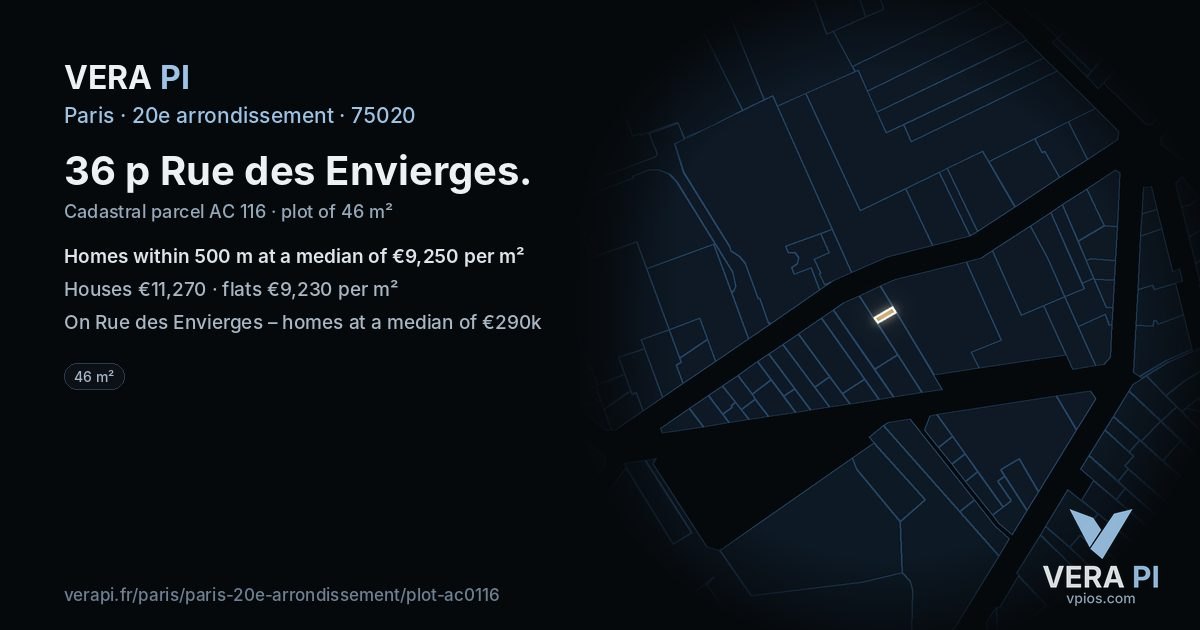 36 p Rue des Envierges, 20e arrondissement at night – the plot lit, the parcels around coloured by the prices near them
