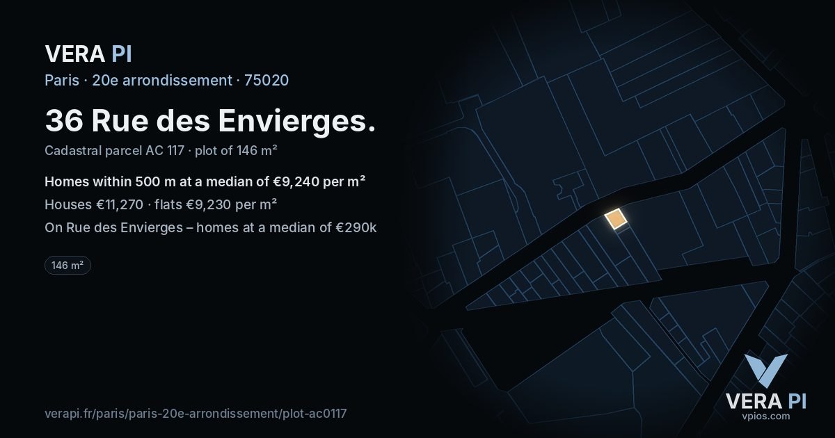 36 Rue des Envierges, 20e arrondissement at night – the plot lit, the parcels around coloured by the prices near them
