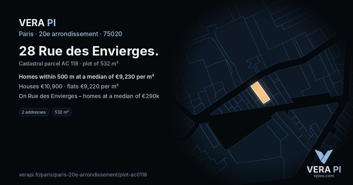 28 Rue des Envierges, 20e arrondissement at night – the plot lit, the parcels around coloured by the prices near them