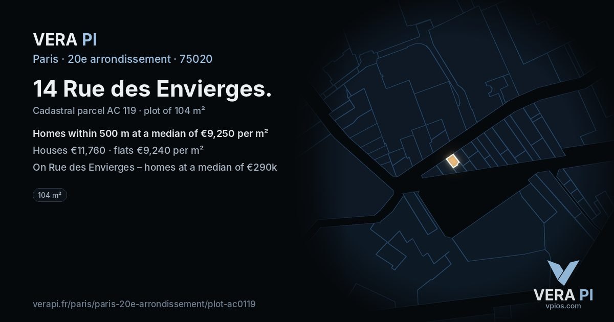14 Rue des Envierges, 20e arrondissement at night – the plot lit, the parcels around coloured by the prices near them