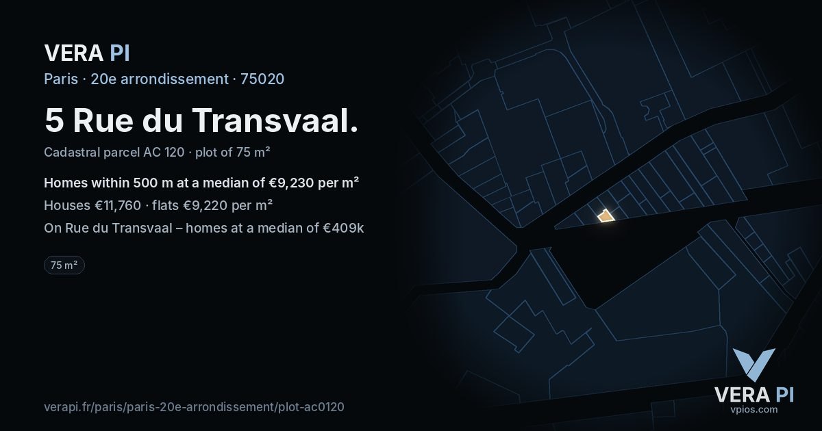 5 Rue du Transvaal, 20e arrondissement at night – the plot lit, the parcels around coloured by the prices near them