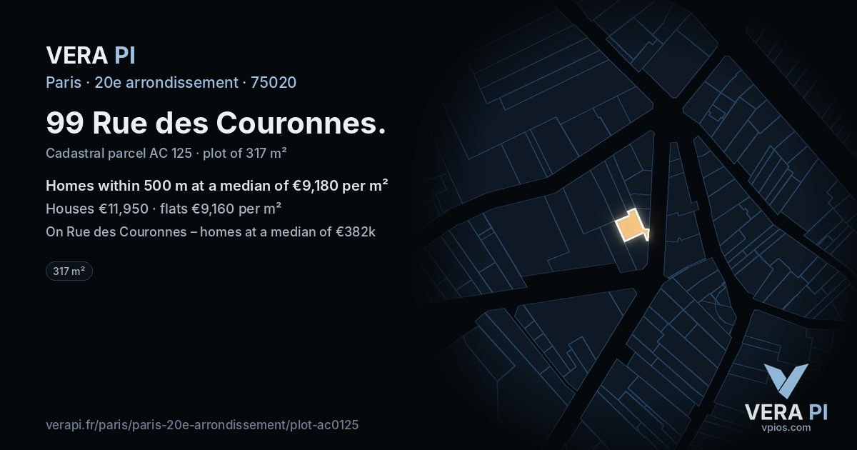 99 Rue des Couronnes, 20e arrondissement at night – the plot lit, the parcels around coloured by the prices near them