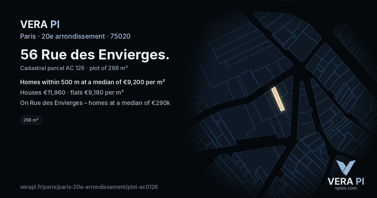 56 Rue des Envierges, 20e arrondissement at night – the plot lit, the parcels around coloured by the prices near them