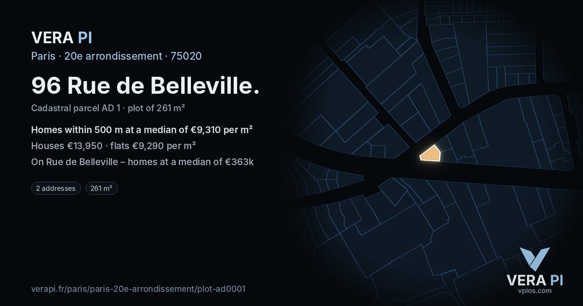 96 Rue de Belleville, 20e arrondissement at night – the plot lit, the parcels around coloured by the prices near them