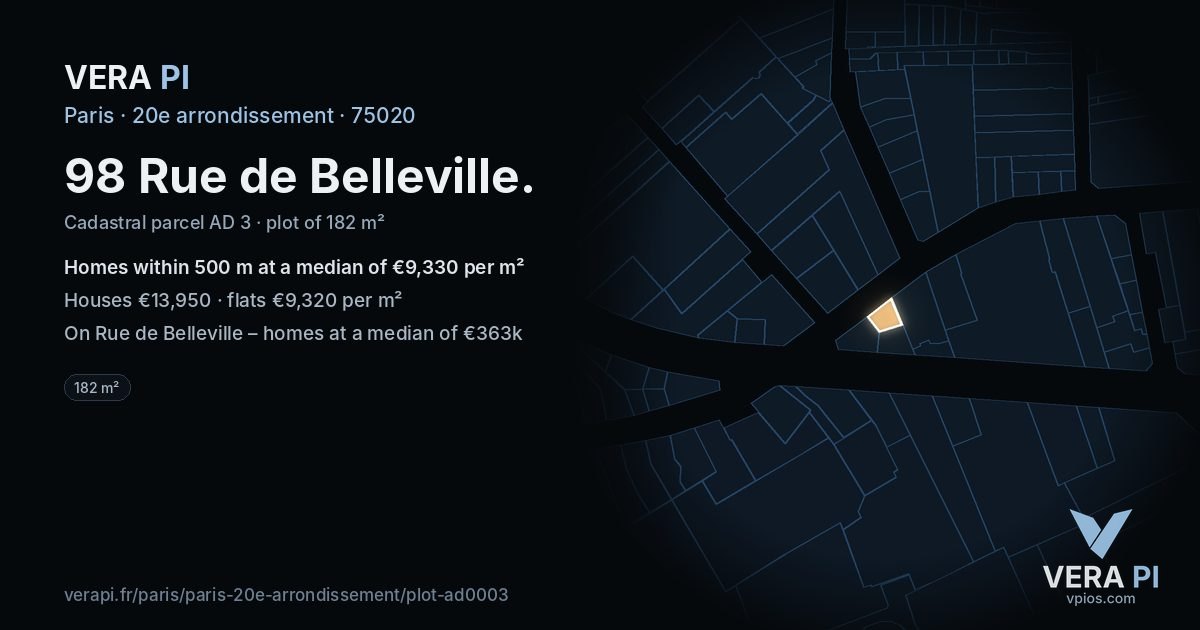 98 Rue de Belleville, 20e arrondissement at night – the plot lit, the parcels around coloured by the prices near them