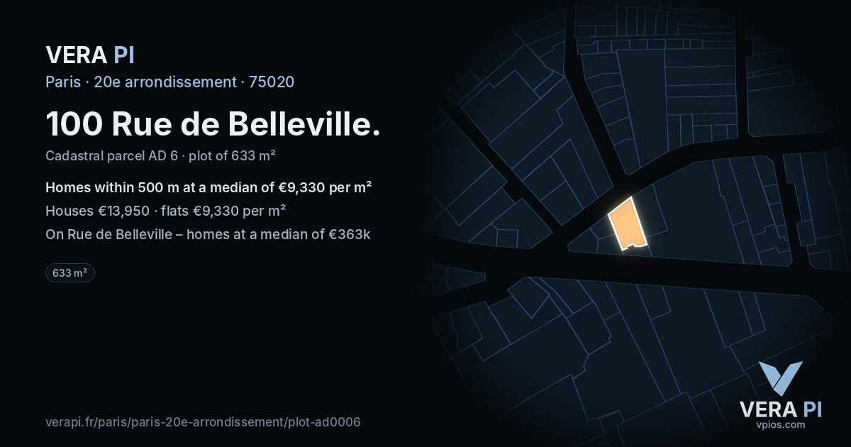 100 Rue de Belleville, 20e arrondissement at night – the plot lit, the parcels around coloured by the prices near them