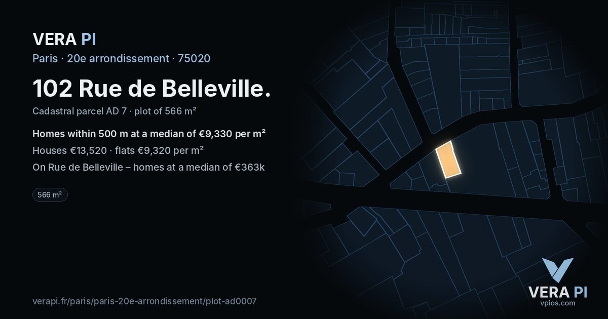 102 Rue de Belleville, 20e arrondissement at night – the plot lit, the parcels around coloured by the prices near them