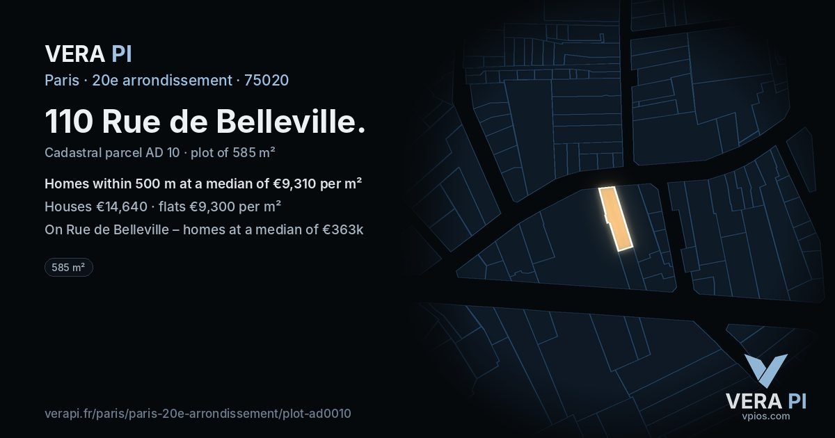 110 Rue de Belleville, 20e arrondissement at night – the plot lit, the parcels around coloured by the prices near them