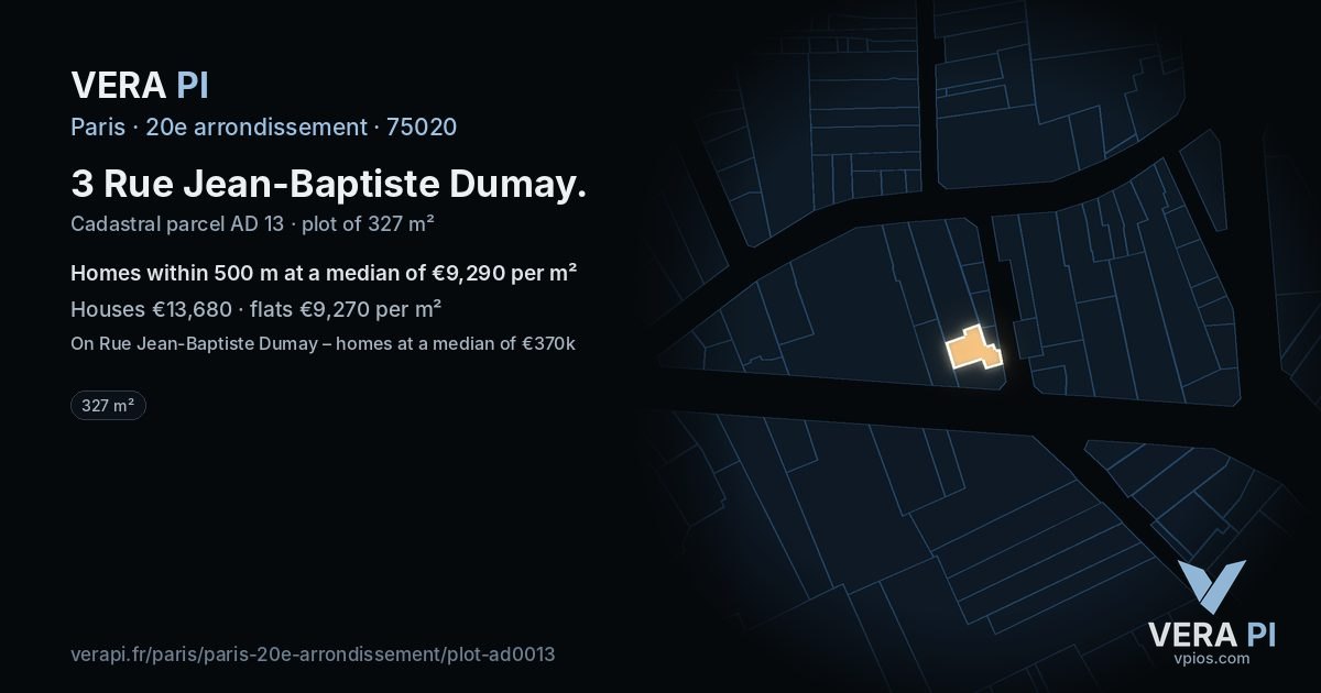 3 Rue Jean-Baptiste Dumay, 20e arrondissement at night – the plot lit, the parcels around coloured by the prices near them