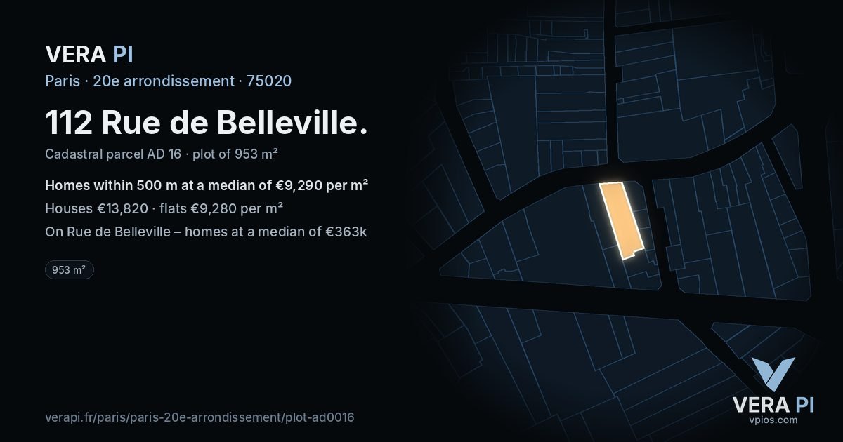 112 Rue de Belleville, 20e arrondissement at night – the plot lit, the parcels around coloured by the prices near them
