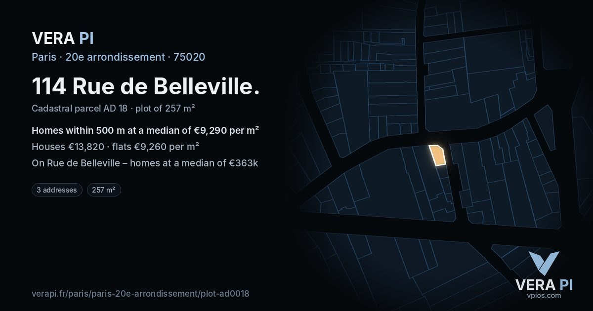 114 Rue de Belleville, 20e arrondissement at night – the plot lit, the parcels around coloured by the prices near them