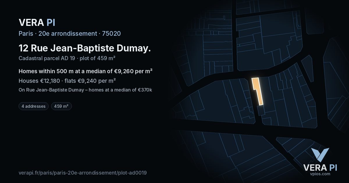 12 Rue Jean-Baptiste Dumay, 20e arrondissement at night – the plot lit, the parcels around coloured by the prices near them