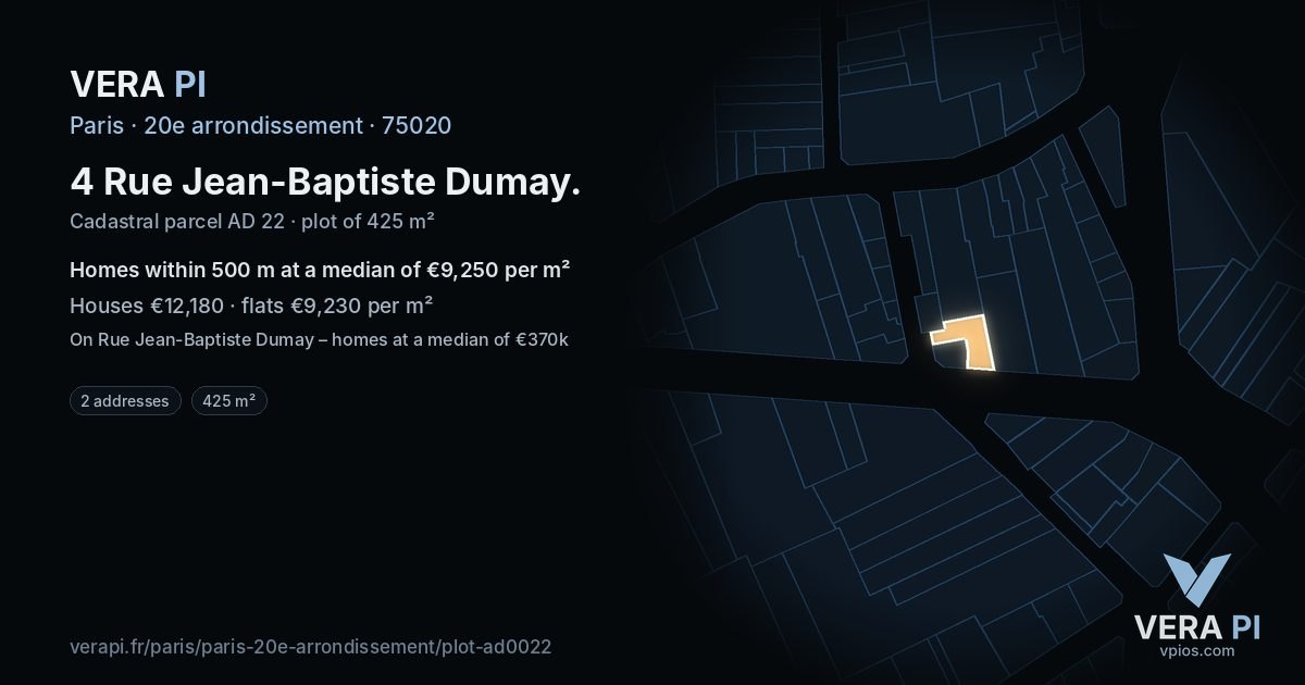 4 Rue Jean-Baptiste Dumay, 20e arrondissement at night – the plot lit, the parcels around coloured by the prices near them